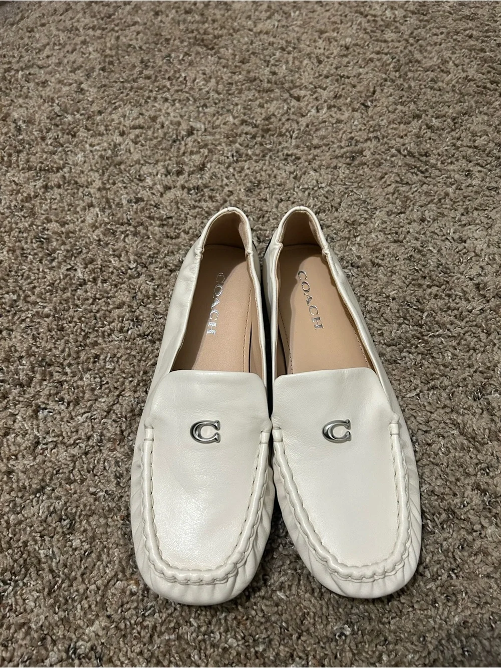 COACH Cream Leather Moccasin Loafers with Silver 'C' Accent